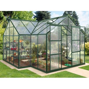 Skleník Vitavia Sirius 13 m² so základom, smaragdovo zelený, sklo. Pestovanie rastlín v záhrade.