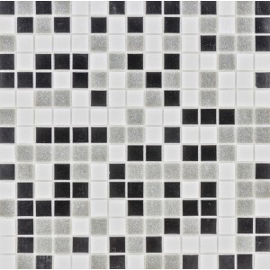 Sklenená mozaika Black-Grey-White Mix, štvorcové mozaikové dlaždice v čiernej, šedej a bielej farbe.