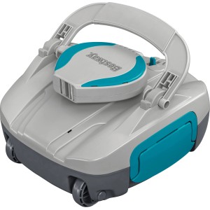 Bazénový robot Bestway AquaTronix G100 v sivej/tyrkysovej farbe s rukoväťou a kolieskami.