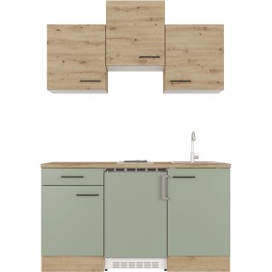Flex-Well Cara Single Kuchyňa, 150 cm, Trstinová zelená/Artisan Dub: Mini kuchyňa s chladničkou a varnou doskou.