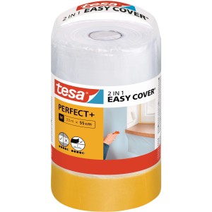 Tesa Easy Cover Perfect+ M krycia fólia s lepiacou páskou, rolka s fóliou a žltou páskou.