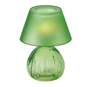 Zelená nočná lampa s rebrovanou sklenenou základňou a tienidlom.