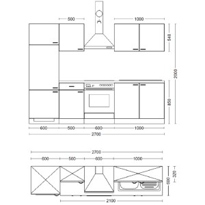 Nákres kuchynskej linky Flex-Well Exclusiv Cara 270 cm vo farbe trstinová zelená/dub artisan s rozmermi.