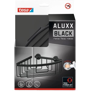 Tesa Aluxx rohový sprchový kôš, matná čierna, na montáž na stenu bez vŕtania.
