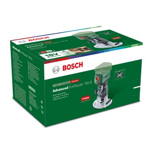Balenie akumulátorovej hornej frézky Bosch Advanced TrimRouter 18V-8 Solo. Akumulátorová frézka na drevo.