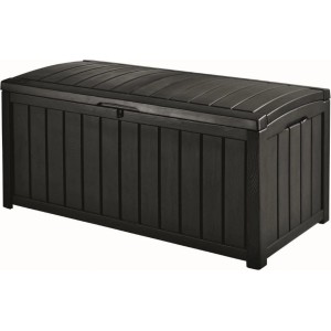 Čierny úložný box t.b.t. na vankúše s lamelovým vzhľadom na uloženie záhradného náradia.