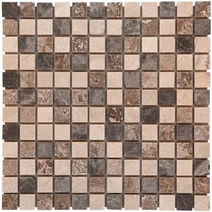 Mozaiková rohož z prírodného kameňa Kronos Multicolor, 30x30 cm. Štvorcové mozaikové dlaždice v béžových, hnedých a sivých tónoch.