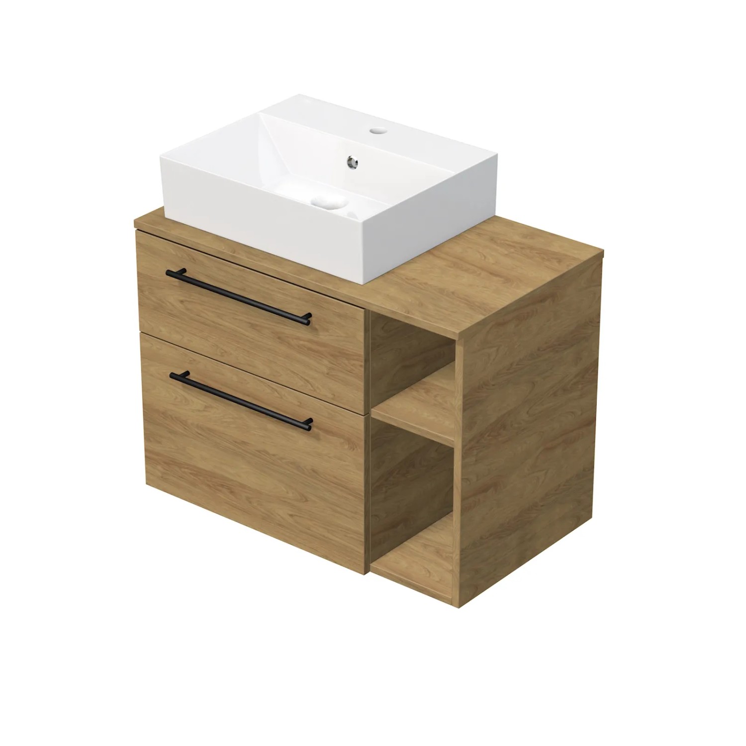 E-shop INTEDOOR Kúpeľ.skriňa+umývadlo BEE, úchyt čierny, 80cm, regál vpravo dub Hickory