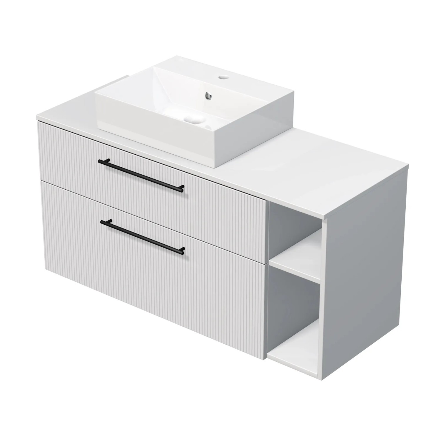 E-shop INTEDOOR Kúpeľ.skriňa+umývadl BEE úchyt čierny š.120cm regál vpravo biela 3Dpruh