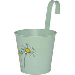 Závesný kvetináč zo zinku v mätovo zelenej farbe s kvetinovou potlačou, ideálny na bylinky a kvety.