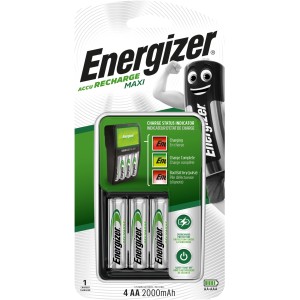 Nabíjačka Energizer Maxi so 4 AA 2000mAh batériami, ideálna na rýchle nabíjanie NiMH batérií.