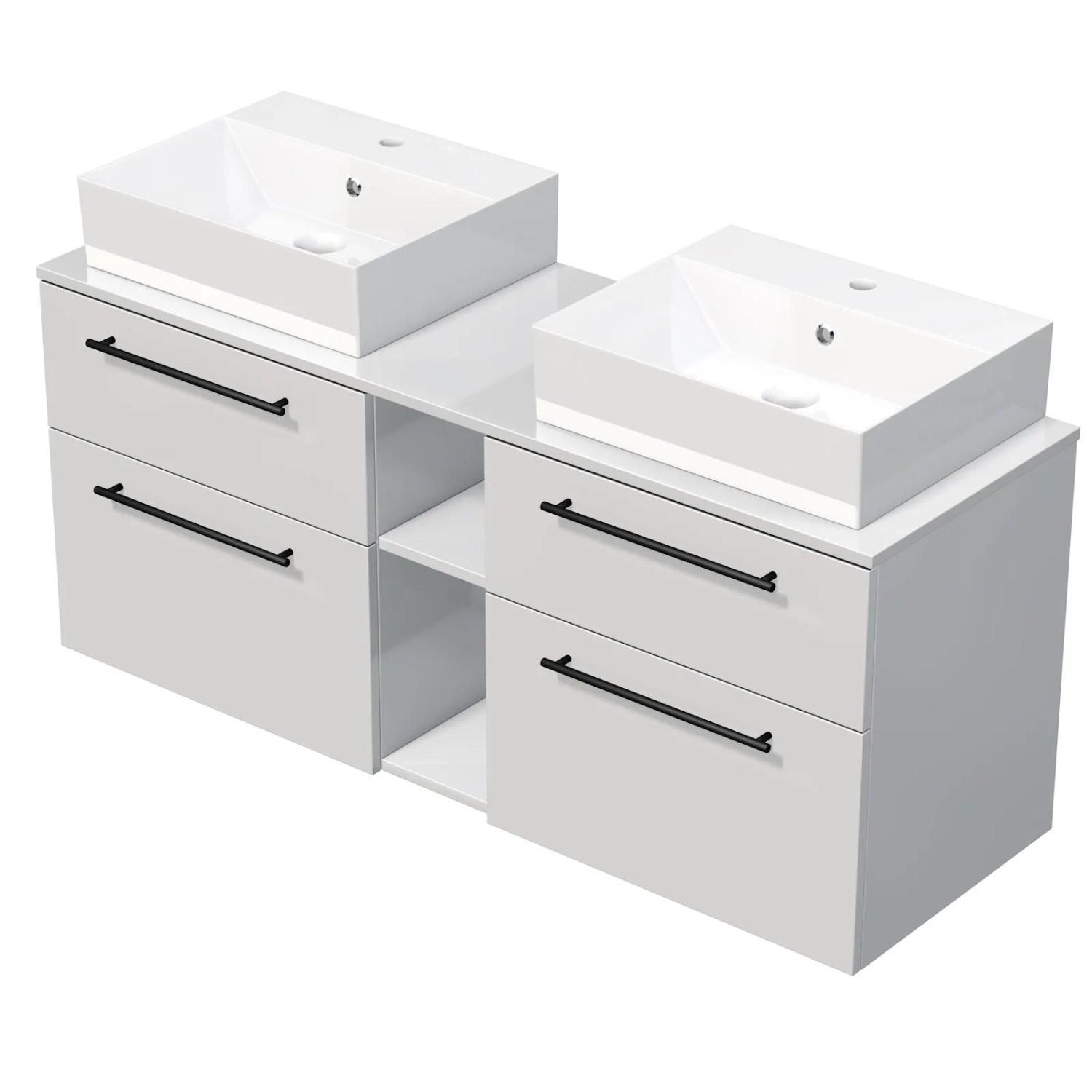 E-shop INTEDOOR Kúpeľ.skriňa+2umývadlá BEE, úchyt čierny, 140cm, regál stred biela lesk