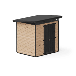 Hnedý záhradný domček Upyard Strongbox L so základom a dvojkrídlovými dverami.