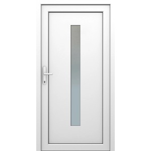 Biele plastové vchodové dvere (100x210) s ornamentálnym sklom a pravým dorazom.