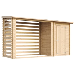 TIMBELA záhradný domček z dreva s regálom na drevo, neošetrený, 3,64 m².