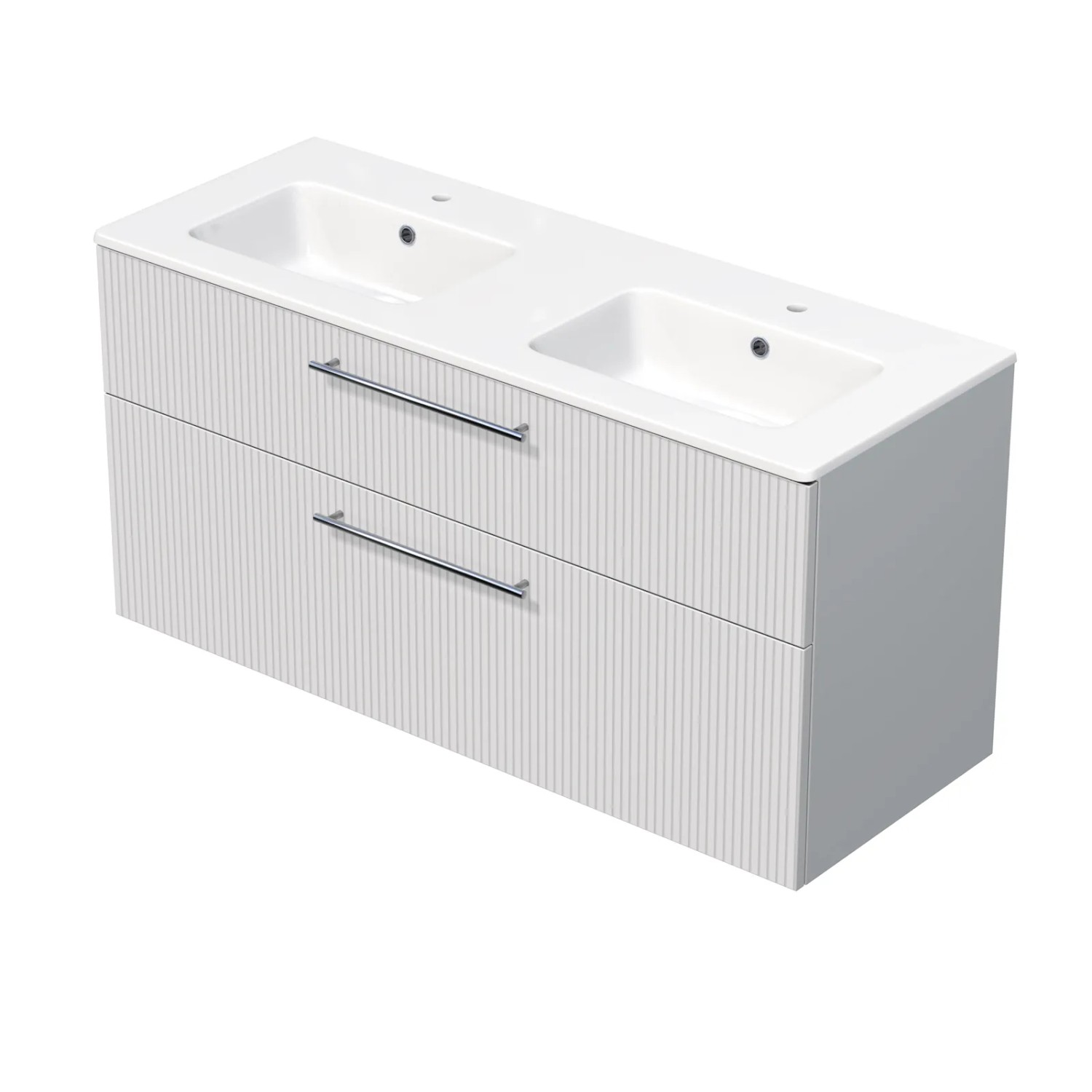 E-shop INTEDOOR Kúpeľ.skriňa+dvojumývadlo BEE, úchyt chróm, š. 121 cm, biela 3D pruhy