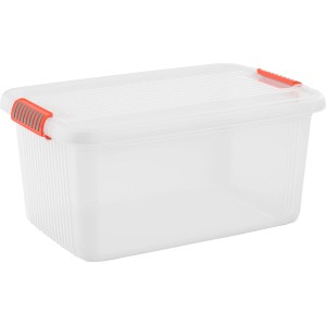 Priehľadný úložný box K-Latch L s vekom a oranžovými uzávermi.