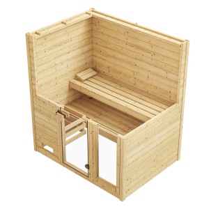 Weka Valida 2 masívna drevená sauna set so sklenenými dverami a oknom, vnútorný pohľad s lavicami.