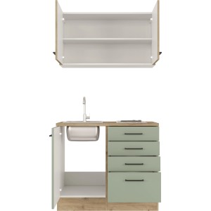 Flex-Well Cara Mini kuchynka, 100 cm, trstinová zelená/dub artisan, s drezom a varnou doskou.