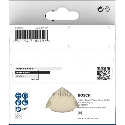 Sada 10 brúsnych listov Bosch Pro pre delta brúsky. Trojuholníkové brúsivo na bielom obale.