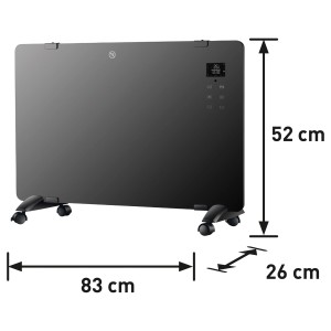 Sklenený panelový ohrievač s kolieskami, digitálnym displejom a rozmermi (výška 52 cm, šírka 83 cm, hĺbka 26 cm).