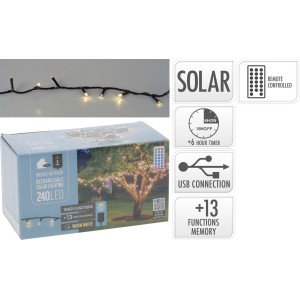 LED svetelná reťaz so solárnym panelom, USB pripojením a diaľkovým ovládaním. 240 LED, teplé biele svetlo, funkcia časovača.