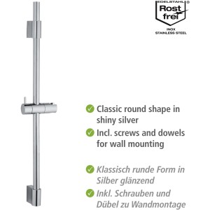 Wenko Classic chrómová sprchová tyč, 70 cm, nerezová oceľ s nastaviteľným držiakom sprchy.