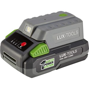 LUX USB adaptér batérie 20 V s LED svietidlom na nabíjanie mobilných zariadení. Príslušenstvo k akumulátorovému náradiu od OBI.