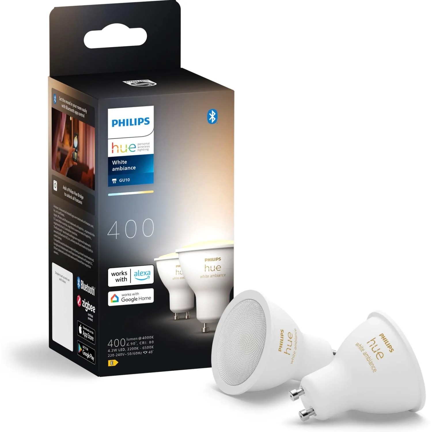 E-shop Philips Hue Smart žiarovka White Ambiance GU10 4,2 W 2200-6500K 400lm, 2 ks