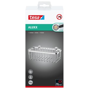 Tesa Aluxx sprchový košík, 25 cm, chrómovaný hliník, na montáž na stenu bez vŕtania.