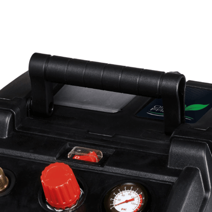 Detailný záber kompresora Einhell TC-AC 190/6/8 Oil-Free s rukoväťou, manometrom a červeným nastavovacím gombíkom.
