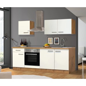 Kuchynská linka Flex-Well Vintea 210 cm v prevedení Magnolia/Lancelot Oak so sporákom, drezom a digestorom.