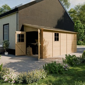 Drevený záhradný domček Timbela M341, 10 m², bez bočnej steny a podlahy, s otvorenými dvojkrídlovými dverami.