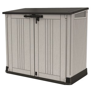 Sivý univerzálny box s čiernou strechou a zámkom pre záhradu alebo terasu.