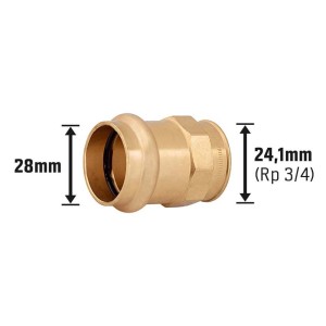 Lisovaná prechodová objímka z červeného bronzu, 28 mm x 24,1 mm (Rp 3/4) pre medené rúrky.