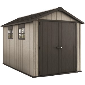 Keter plastový záhradný domček, 7,18 m², sivý, s dvojkrídlovými dverami a dvoma oknami.