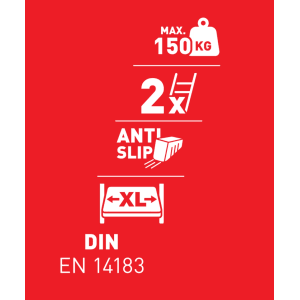 Piktogramy 2-stupňového skladacieho rebríka: nosnosť, počet stupňov, protišmyk, XL stupne, norma DIN.