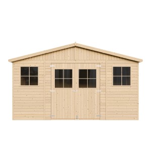 Drevený záhradný domček Timbela M331+M331G, 11,91 m², s oknami a podlahou.