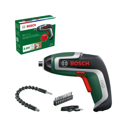 Sada akumulátorového skrutkovača Bosch IXO 7 s bitmi, flexi nadstavcom a nabíjacím káblom.