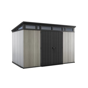 Keter záhradný domček Artisan 11x7 v sivo-antracitovej farbe, plastový záhradný domček s dvojkrídlovými dverami a svetlíkmi.