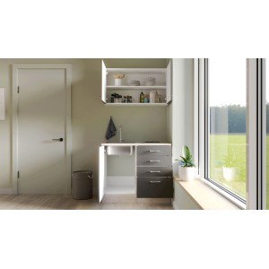 Flex-Well Morena Mini kuchynka, 100 cm, Basalt Grey/San Remo Oak, s drezom a varnou doskou.