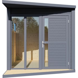 Moderný antracitový drevený záhradný domček Bertilo Concept Office so sklenenými dverami a oknom.