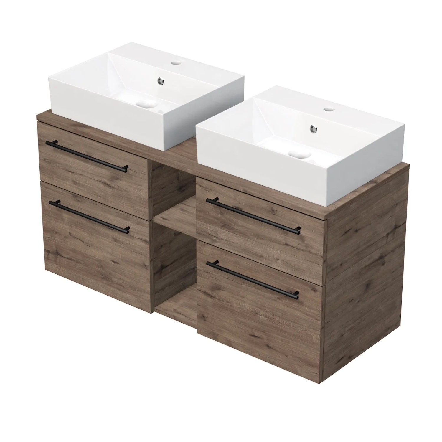 E-shop INTEDOOR Skriňa+2umývadlá BEE, úchyt čierny, š.120cm regál stred, dub Wellington