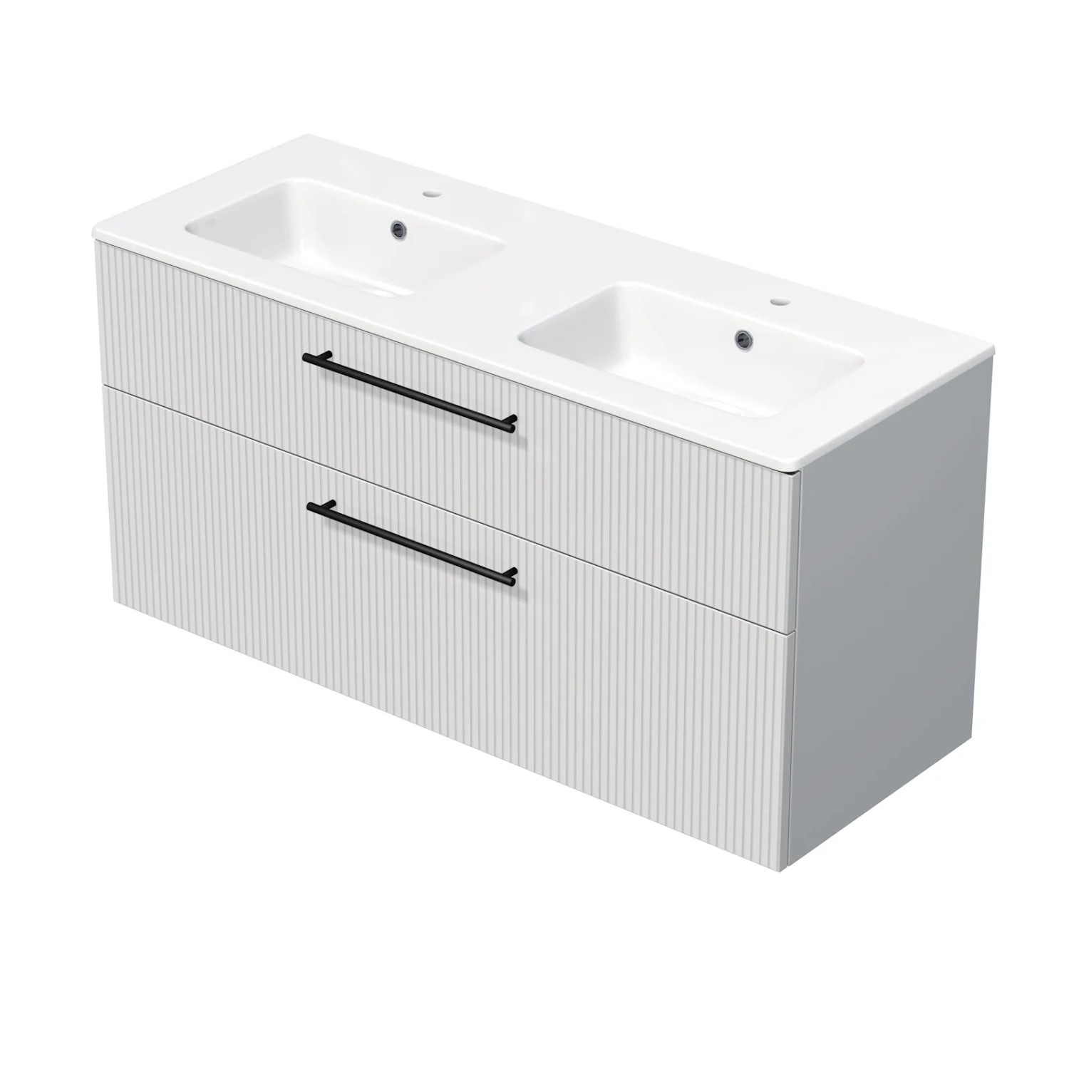 E-shop INTEDOOR Kúpeľ.skriňa+dvojumývadlo BEE, úchyt čierny, š. 121 cm, biela 3D pruhy