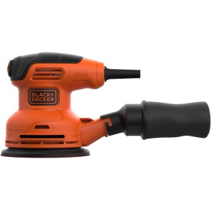 Excentrická brúska Black+Decker BEW210 (230 W) v oranžovo-čiernej farbe s prachovým vreckom.