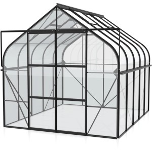 Skleník Vitavia Diana 8300, 8,3 m², čierny, s dvojkrídlovými dverami a hliníkovým rámom.