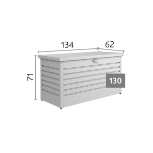 Biohort FreizeitBox 130 kremenno-sivá metalíza. Robustný kovový úložný box so zámkom, plynovou pružinou. Rozmery 134x62x71 cm.