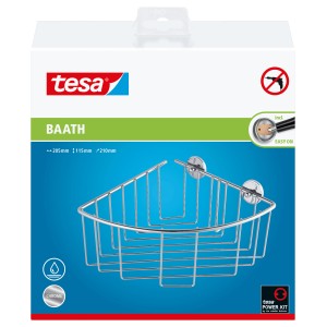 Rohový odkladací košík Tesa Baath Plus, chrómovaný, na montáž do rohu v kúpeľni alebo sprche. Drôtený kôš.