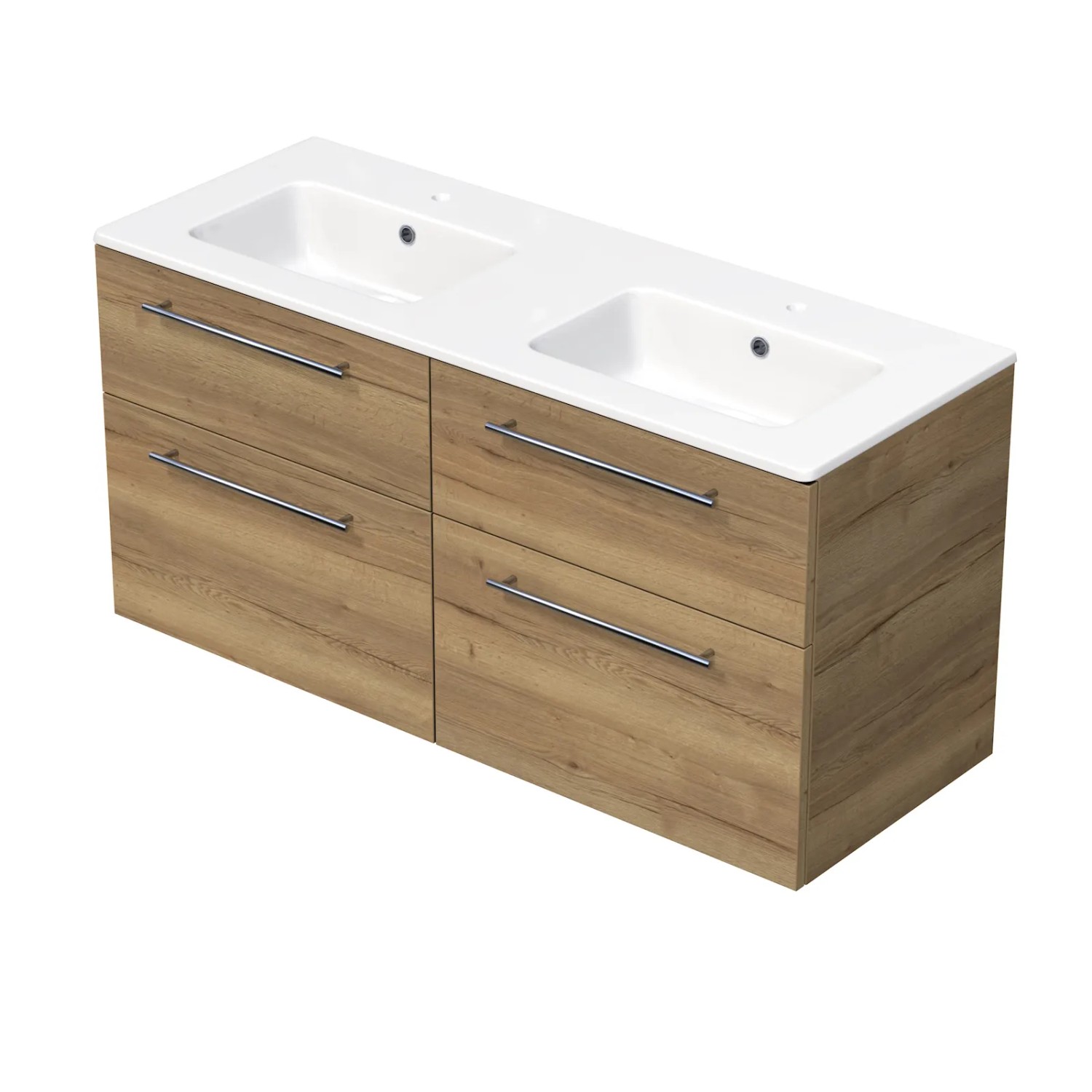 E-shop INTEDOOR Kúpeľ.skriňa+dvojumývadlo BEE, úchyt chróm, 4zás., š.121cm, dub Halifax