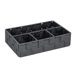 Tmavosivý úložný košík Wenko Adria Klein so 4 priehradkami, vyrobený z polypropylénu.